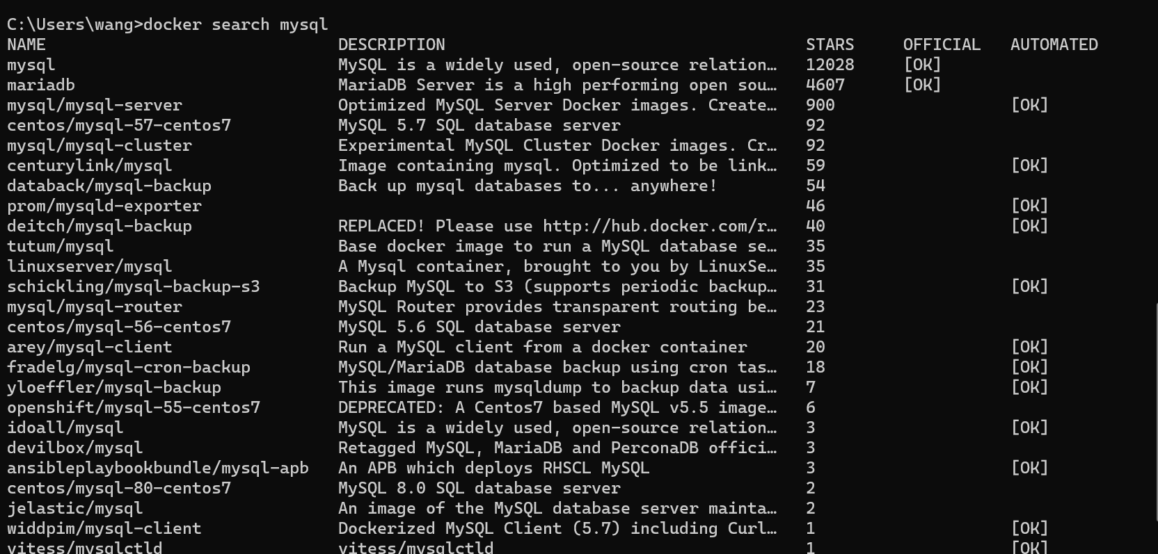 docker search mysql